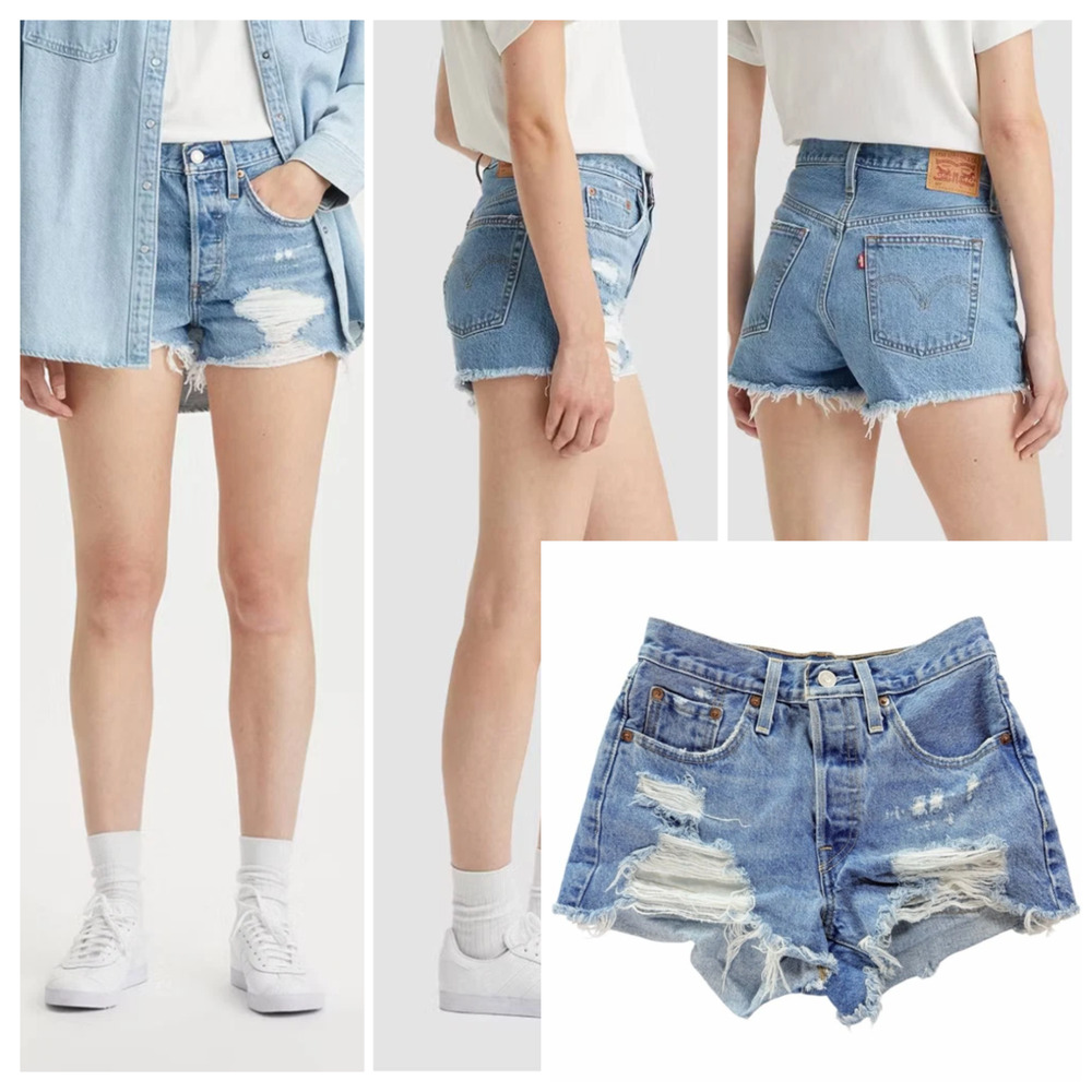Levi 501 Womens High-Rise Jean shorts 29x2 Heavy Distressed holes frays Festival